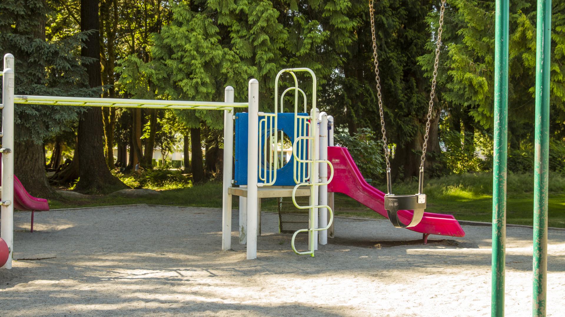 A small playground with a slide and some money bars.